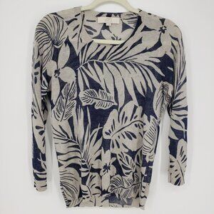 3/$25 LOFT Tropical Palm Leaf Sweater M Womens Lightweight Tan Navy Blue